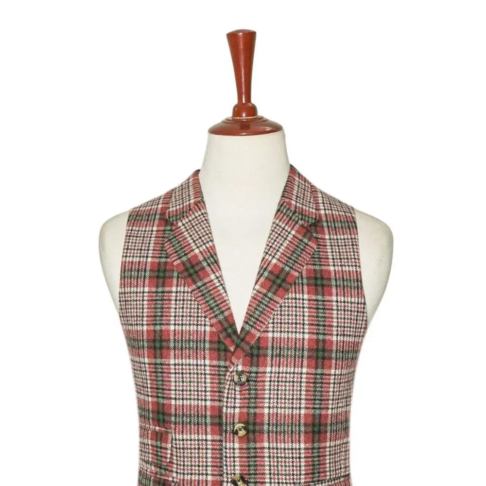 Mens 46R Wool Vest Red Green Cream Plaid Check Waistcoat Formal Casual Preppy